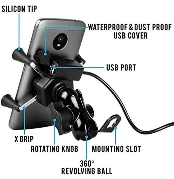 Motorcycle Phone Holder with USB Charger 360 Rotation Bike Mobile Charger Fast Charging Bike Mobile Holder 