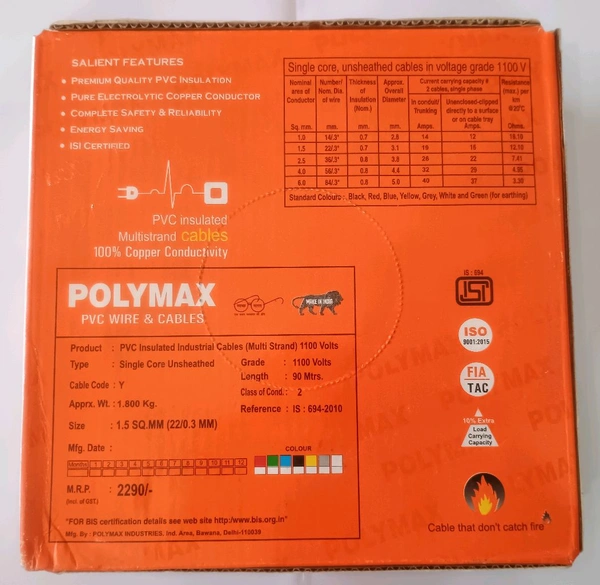 Polymax Pilymax Cable 1.5 sqmm 90 Metre Copper Multi Strand House Fitting PVC Lite Electric Wire Cable Blue (1.5 sqmm, Red)