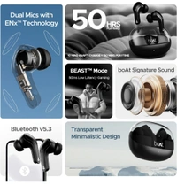 Boat boAt Airdopes 311 Pro, 50HRS Battery, Fast Charge, Dual Mics ENx Tech, Transparent LID, Low Latency, IPX4, IWP Tech, v5.3 Bluetooth Earbuds, TWS Ear Buds Wireless Earphones with mic (Active Black) - Black