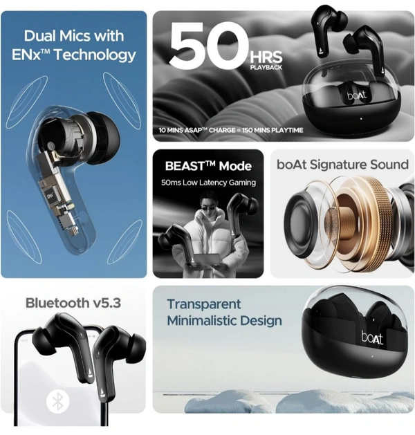 Boat boAt Airdopes 311 Pro, 50HRS Battery, Fast Charge, Dual Mics ENx Tech, Transparent LID, Low Latency, IPX4, IWP Tech, v5.3 Bluetooth Earbuds, TWS Ear Buds Wireless Earphones with mic (Active Black) - Black