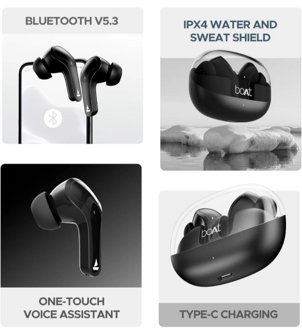 Boat boAt Airdopes 311 Pro, 50HRS Battery, Fast Charge, Dual Mics ENx Tech, Transparent LID, Low Latency, IPX4, IWP Tech, v5.3 Bluetooth Earbuds, TWS Ear Buds Wireless Earphones with mic (Active Black) - Black