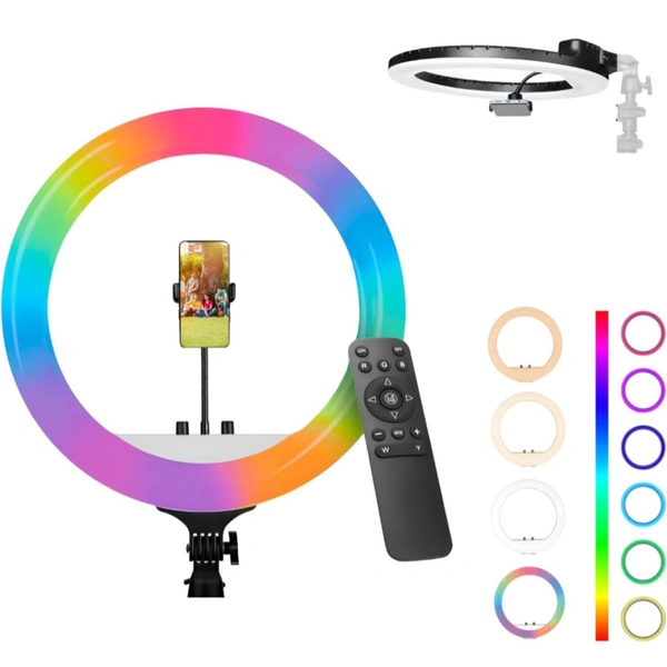 Accessories Roy 18 Inch Multi-Color LED Ring Light with Remote Control & Three Smartphone Holder - Adjustable Color Temperature & Brightness, 360° Adjustment - Video & Photoshoot (Without Stand)