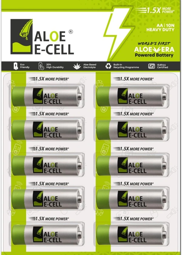 Aloe E-cell Aloe Ecell AA Eco-Friendly Batteries | Aloe Vera Powered | Long-Lasting, Leak-Proof & Sustainable Dry Cells | 1.5V Alkaline Alternative | Ideal for Remotes, Toys, Clocks & Everyday Use (Pack of 10)