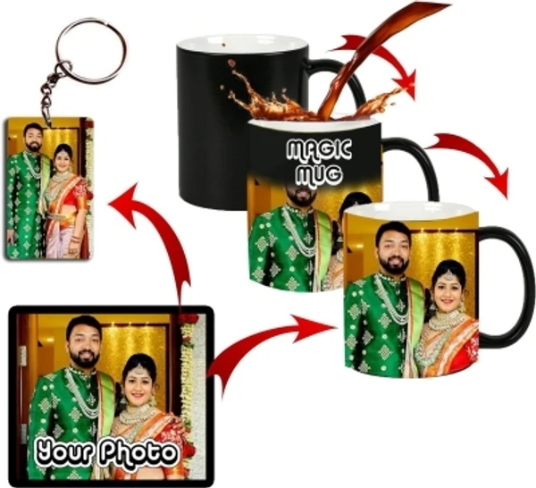 Friendskart Personalized Photo and Text Ceramic / Cup For Birthday , Anniversary Gift Black Magic + KEYCHAIN Ceramic Coffee Mug - cash On delivery