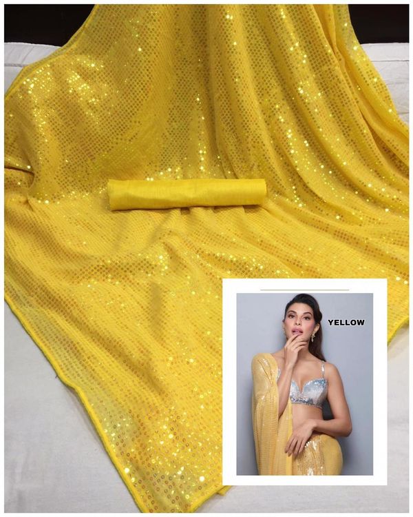 Ready To Wear Ns 26 Sequence Work Saree - Waist Size Need, Yellow, Online Payment