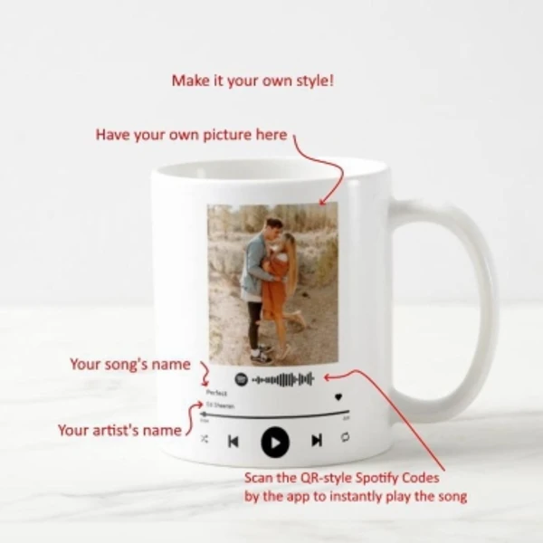 RichChoice Spotify Scannable Fully Customised with Custom Picture & Song|Coffee|Best Gift for Friends, Boy Friends, Girl Friends, Anniversary, Birthday, Valentine Day |330 ML Ceramic Coffee MugMade of: CeramicType: Coffee MugMicrowave SafeCapacity: 330 mlPack of: 17 Days Return Policy, No questions asked.