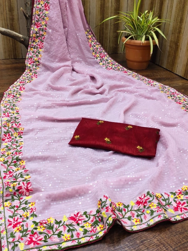 ⭐ *BOLLYWOOD STAR COLLECTION* ⭐⭐⭐Dress like film starts and fashion models ⭐⭐*FABRIC DETAILS* ⭐CLOTH OF BEST QUALITY Georgette fabricEmbroidery detailsHeavy Embroidery multy sequence (5MM) Work done on sareeBLOUSE OF Satin Banglori SILk with embroidery work LOOK GLAMOUROUS, STAY BEAUTIFUL* ⭐ - A