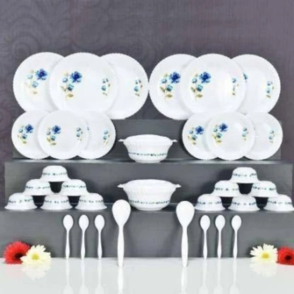 KTART Pack of 36 Plastic DINNER SET(36 PCS) Dinner SetMade of: PlasticSales Package: 6 Full Plates, 6 small plates, 12 Veg Bowls, 2 Serving Spoons, 6 Spoons, 3 Serving Bowls with Air tight LidsPack of: 36Microwave SafeDiameter: 10 inch7 Days Return Policy, No questions asked.