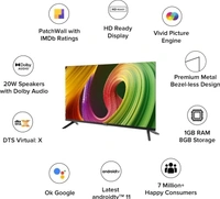 Mi 5A 80 cm (32 inch) HD Ready LED Smart Android TV with Dolby Audio (2022 Model)Display Size: 32, 40, 43Launch Year: 2019, 2022Supported Apps:  Netflix|Prime Video|Disney+Hotstar|YoutubeOperating System: Android (Google Assistant & Chromecast in-built)Resolution: HD Ready 1366 x 768 PixelsSound Output: 20 WRefresh Rate: 60 Hz10 Days Replacement Policy, No questions asked. - 32 inch