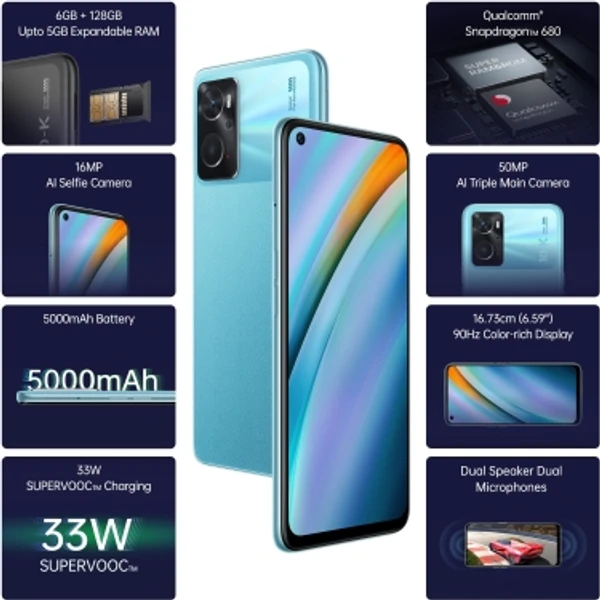 OPPO K10 (Blue Flame, 128 GB)Color: Black Carbon, Blue FlameRAM: 6 GB, 8 GB6 GB RAM | 128 GB ROM | Expandable Upto 1 TB16.74 cm (6.59 inch) Full HD+ Display50MP + 2MP + 2MP | 16MP Front Camera5000 mAh Lithium Ion BatteryQualcomm Snapdragon 680 Processor33W SUPERVOOC Charger | Dual Speaker | Super Adaptive Refresh RateAI Photo Suite | OPPO Glow Design with Dirt and Scratch Resistant