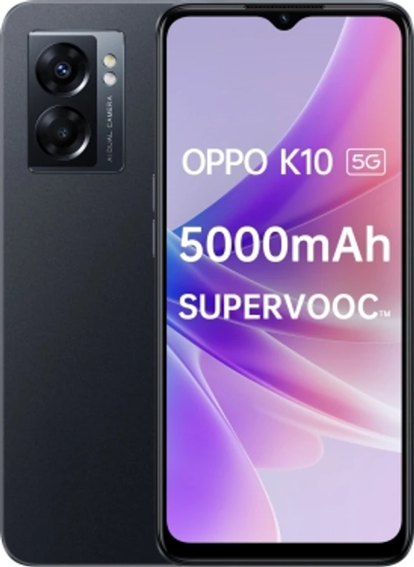 OPPO K10 5G (Midnight Black, 128 GB)Color: Midnight Black, Ocean BlueRAM: 6 GB, 8 GB6 GB RAM | 128 GB ROM | Expandable Upto 1 TB16.66 cm (6.56 inch) HD+ Display48MP + 2MP | 8MP Front Camera5000 mAh Lithium Ion Polymer BatteryMediatek Dimensity 810 Processor7 Days Replacement Policy, No questions asked.