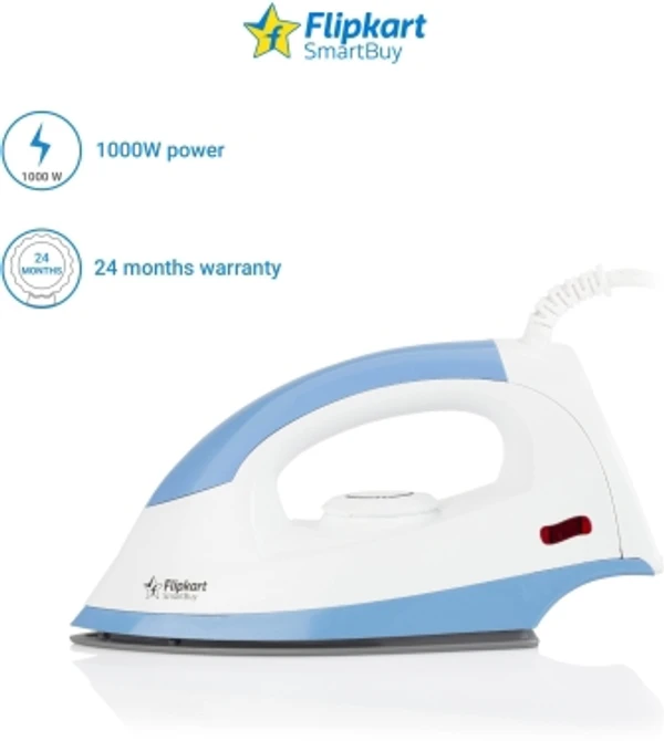 Flipkart SmartBuy 1000 W Dry IronColor: Blue, White, Grey, WhiteDry IronNon Stick Coated PlateConsumes 1000 W7 Days Replacement Policy, No questions asked
