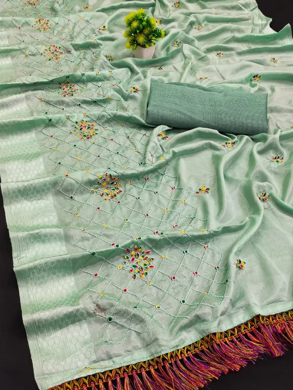 CATLOUGE – * NAKODA MINAKSHI*🌹Saree Fabric –chinon patta silk daid palen 5.40 Mtr*job@__ Embroidery & Border 🌹Blouse Fabric – Bangalori Silk 0.8 Mtr (Unstich)  **🌹FULL STOCK READY*🌹SINGLE PCS READY🌹FULL SET READY😍Believe in Good Quality Product😍 - 4