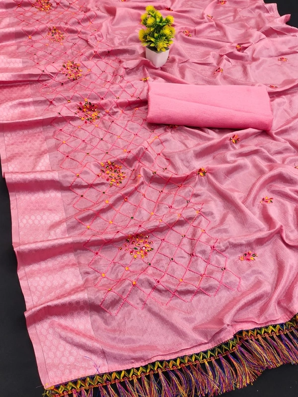CATLOUGE – * NAKODA MINAKSHI*🌹Saree Fabric –chinon patta silk daid palen 5.40 Mtr*job@__ Embroidery & Border 🌹Blouse Fabric – Bangalori Silk 0.8 Mtr (Unstich)  **🌹FULL STOCK READY*🌹SINGLE PCS READY🌹FULL SET READY😍Believe in Good Quality Product😍 - 1