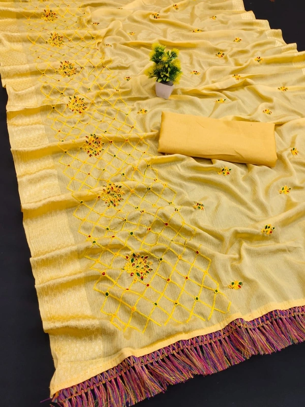 CATLOUGE – * NAKODA MINAKSHI*🌹Saree Fabric –chinon patta silk daid palen 5.40 Mtr*job@__ Embroidery & Border 🌹Blouse Fabric – Bangalori Silk 0.8 Mtr (Unstich)  **🌹FULL STOCK READY*🌹SINGLE PCS READY🌹FULL SET READY😍Believe in Good Quality Product😍 - 2