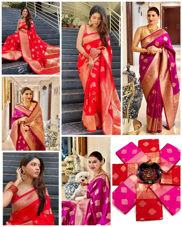 🔔 *BRAND :- SHREE NAKODA ENTERPRISE CREATION*  🔔          *FABRIC : SOFT LICHI SILK CLOTH.**DESIGN : BEAUTIFUL RICH PALLU & JACQUARD WORK ON ALL OVER THE SAREE.**BLOUSE : CONTRAST EXCLUSIVE JACQUARD BORDER.*       * 😍 ➡️ *100% BEST QUALITY* ⬅️👌 *Once Give Opportunity , Coustomer Satisfaction Is Our Goal*