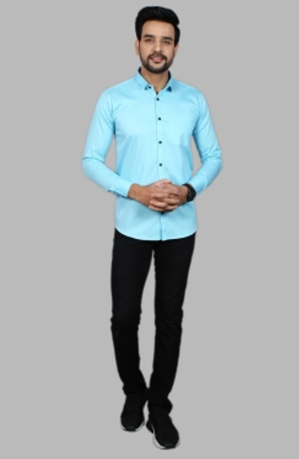 Liza Martin Men Solid Casual Light Blue ShirtColor: Blue, Cream, Light Blue, Light Green, Maroon, RedSize: M, L, XL, XXLFabric: Cotton BlendRegular Fit, Full SleeveCollar Type: SlimPattern: SolidSet of 110 Days Return Policy, No questions asked. - L