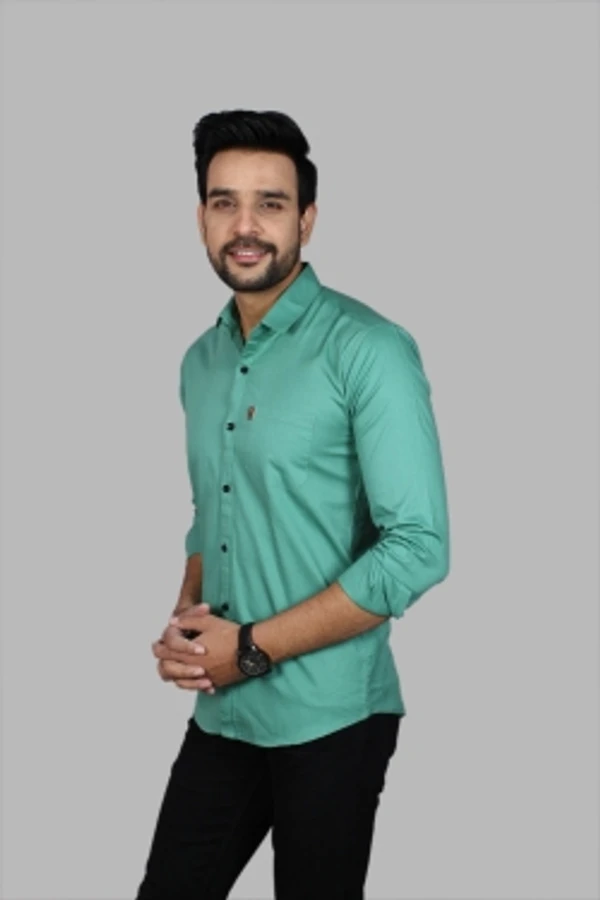Liza Martin Men Solid Casual Light Green ShirtColor: Blue, Cream, Light Blue, Light Green, Maroon, RedSize: M, L, XL, XXLFabric: Cotton BlendRegular Fit, Full SleeveCollar Type: SlimPattern: SolidSet of 110 Days Return Policy, No questions asked. - M