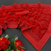 New Launching👉🏻Fabric:-*Georgette* saree with Full Saree Embroidery work👉🏻Blouse:-Satin Banglori with embroidered work            🌹Saree 5.5 MTR and 0.80 MTR Contrast Matching Blouse👉🏻BEST RATE & BEST QULITY ALWAYSReady to ship - Black