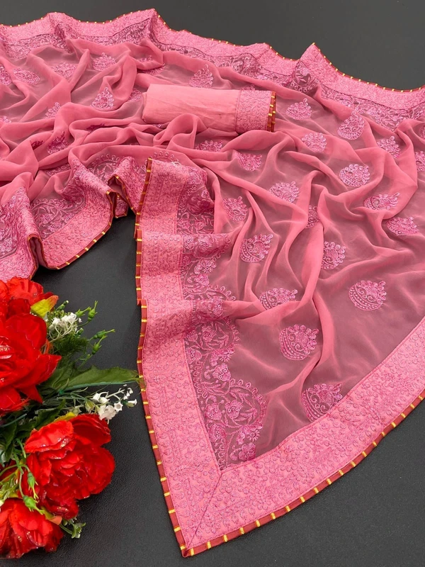 New Launching👉🏻Fabric:-*Georgette* saree with Full Saree Embroidery work👉🏻Blouse:-Satin Banglori with embroidered work            🌹Saree 5.5 MTR and 0.80 MTR Contrast Matching Blouse👉🏻BEST RATE & BEST QULITY ALWAYSReady to ship - Pink