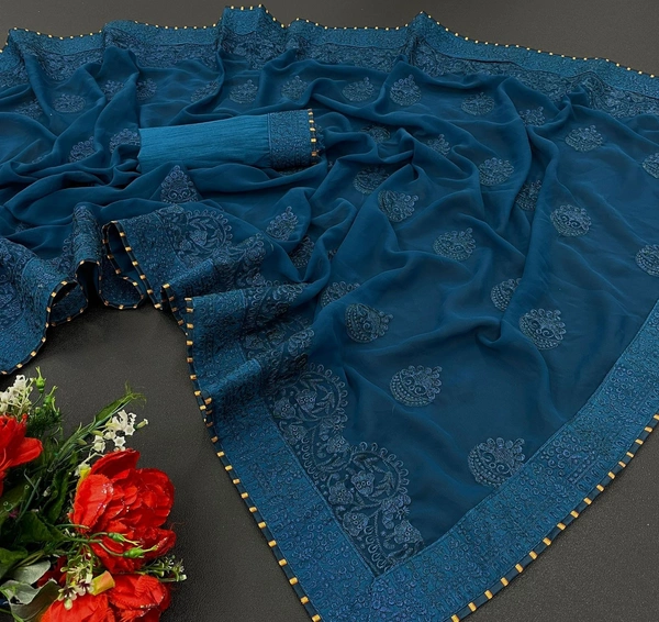 New Launching👉🏻Fabric:-*Georgette* saree with Full Saree Embroidery work👉🏻Blouse:-Satin Banglori with embroidered work            🌹Saree 5.5 MTR and 0.80 MTR Contrast Matching Blouse👉🏻BEST RATE & BEST QULITY ALWAYSReady to ship - Royal Blue 🔵
