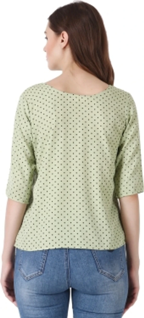 Casual Polka Print Women Green TopColor: Black, Green, Maroon, Navy, WhiteSize: S, M, L, XLColor Code :GreenStyle Code :SPY_108_GreenSize :MFabric :CrepeOccasion :CasualFabric Care :Regular Machine WashPattern :Polka Print7 Days Return Policy, No questions asked. - M