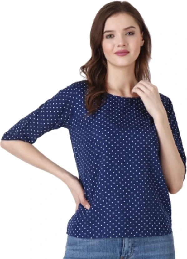 Casual Polka Print Women Dark Blue TopColor: Black, Green, Maroon, Navy, WhiteSize: S, M, L, XLColor Code :NavyStyle Code :SPY_107_NavySize :MFabric :CrepeOccasion :CasualFabric Care :Regular Machine WashPattern :Polka Print7 Days Return Policy, No questions asked. - M