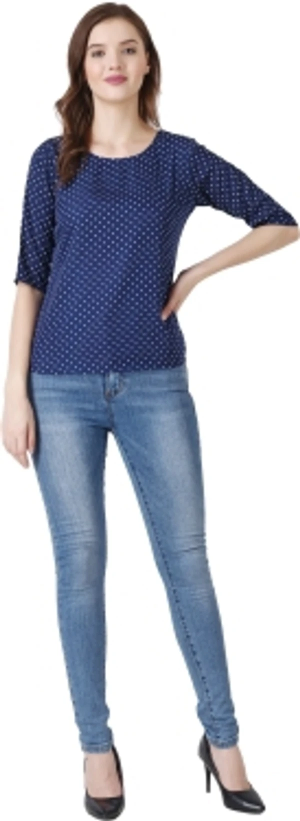 Casual Polka Print Women Dark Blue TopColor: Black, Green, Maroon, Navy, WhiteSize: S, M, L, XLColor Code :NavyStyle Code :SPY_107_NavySize :MFabric :CrepeOccasion :CasualFabric Care :Regular Machine WashPattern :Polka Print7 Days Return Policy, No questions asked. - M