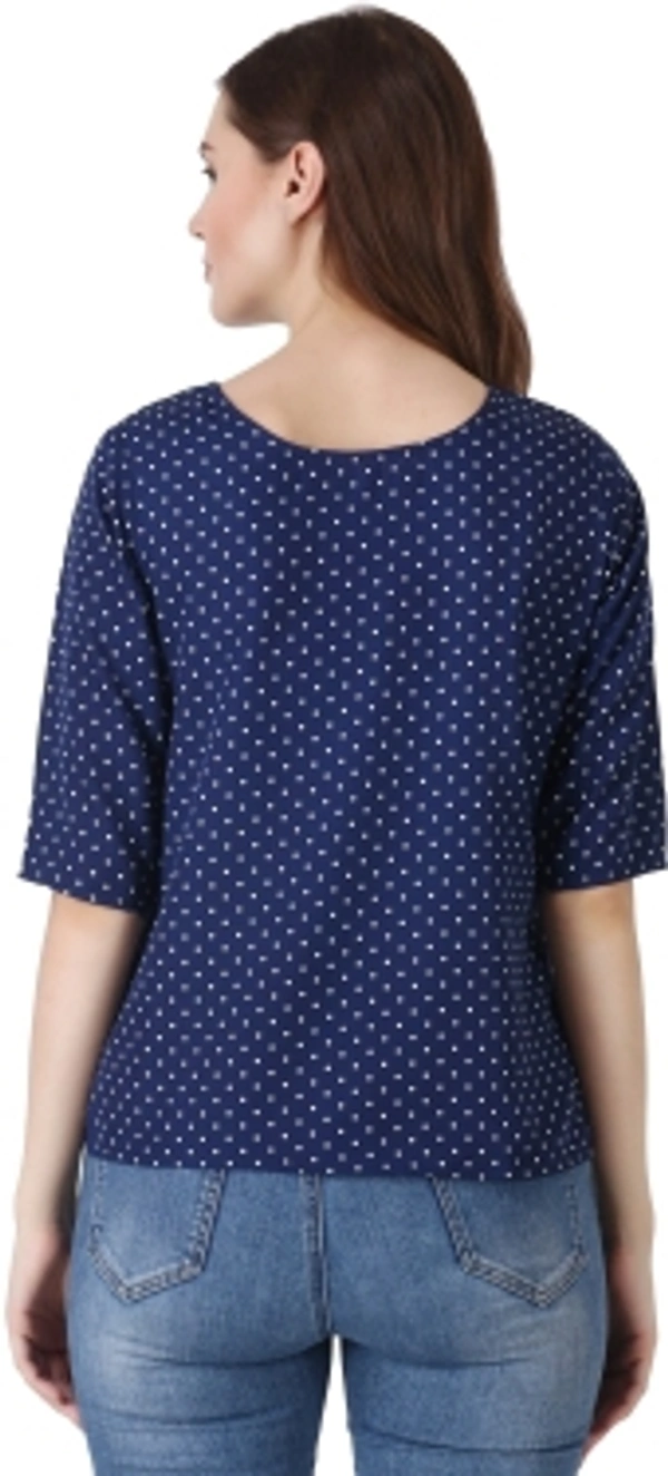 Casual Polka Print Women Dark Blue TopColor: Black, Green, Maroon, Navy, WhiteSize: S, M, L, XLColor Code :NavyStyle Code :SPY_107_NavySize :MFabric :CrepeOccasion :CasualFabric Care :Regular Machine WashPattern :Polka Print7 Days Return Policy, No questions asked. - L