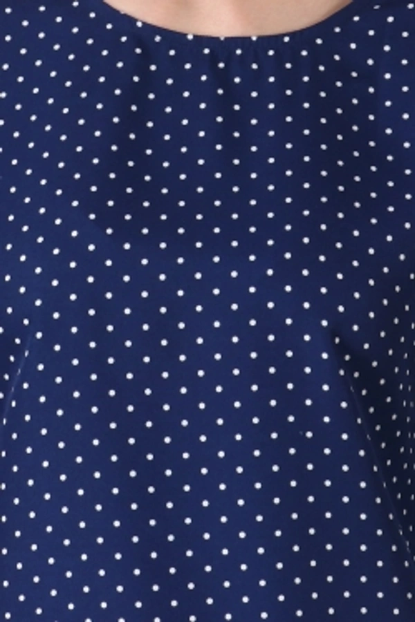 Casual Polka Print Women Dark Blue TopColor: Black, Green, Maroon, Navy, WhiteSize: S, M, L, XLColor Code :NavyStyle Code :SPY_107_NavySize :MFabric :CrepeOccasion :CasualFabric Care :Regular Machine WashPattern :Polka Print7 Days Return Policy, No questions asked. - L
