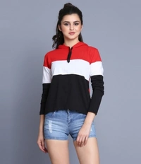 Color Block Women Multicolor T-ShirtColor: Blue, Maroon, Mustard, Olive, Red, See GreenSize: S, M, L, XLColor :MulticolorType :Hooded NeckSleeve :Full SleeveFit :RegularFabric :Cotton BlendStyle Code :Hood4348Neck Type :Hooded Neck7 Days Return Policy, No questions asked. - Maroon, S