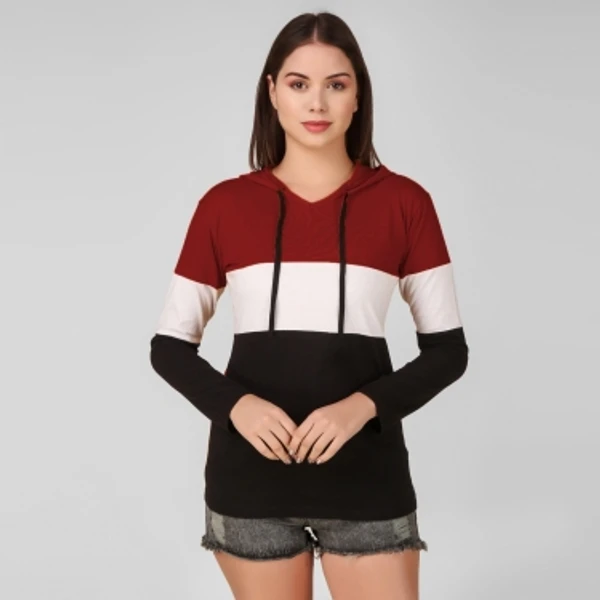 Color Block Women Multicolor T-ShirtColor: Blue, Maroon, Mustard, Olive, Red, See GreenSize: S, M, L, XLColor :MulticolorType :Hooded NeckSleeve :Full SleeveFit :RegularFabric :Cotton BlendStyle Code :Hood4348Neck Type :Hooded Neck7 Days Return Policy, No questions asked. - Maroon, M