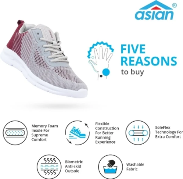 Asian  asian Delta-14 sports shoes for men | Latest Stylish Casual sport shoes for men | running shoes for boys | Lace up Lightweight grey shoes for running, walking, gym, trekking, hiking & party Running Shoes For MenColour: Grey, Maroon1.2 inch Heel HeightOuter Material: FabricInner Material: Soft breathable fabric lining which prevents sweatingClosure: Lace-UpsPattern: Mesh10 Days Retu - 8