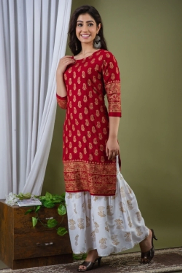 Surhi Women Kurta and Sharara SetViscose Rayon Fabric3/4 SleevePaisley PatternColor: Red - S