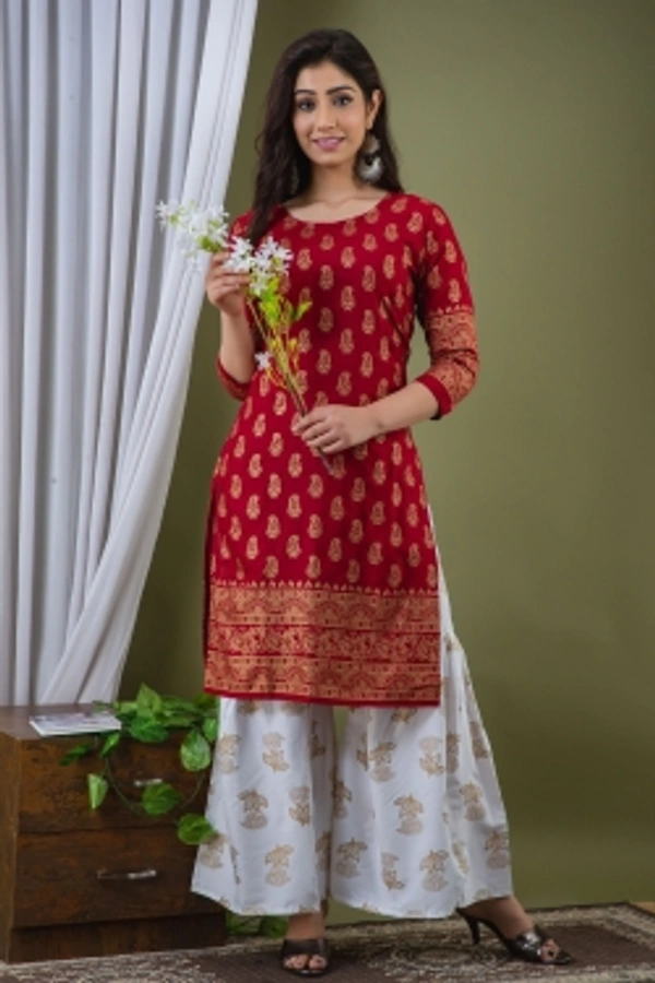 Surhi Women Kurta and Sharara SetViscose Rayon Fabric3/4 SleevePaisley PatternColor: Red - M