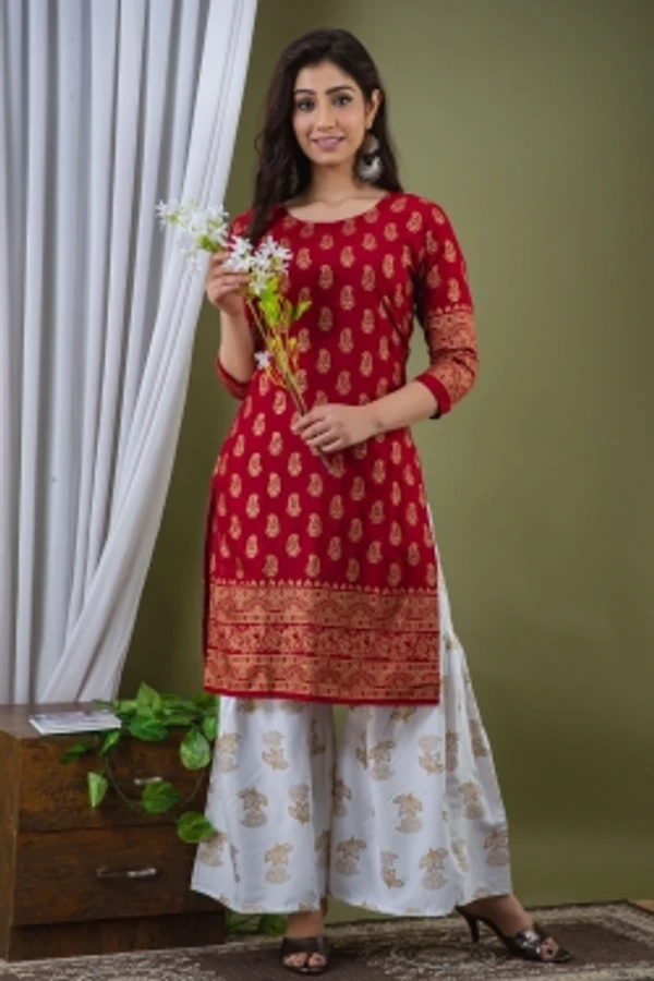 Surhi Women Kurta and Sharara SetViscose Rayon Fabric3/4 SleevePaisley PatternColor: Red - L