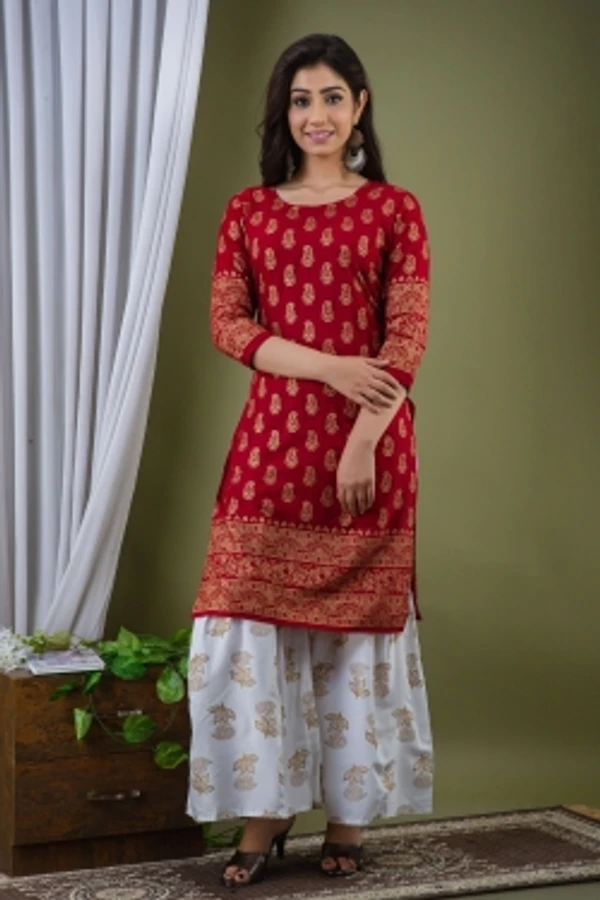 Surhi Women Kurta and Sharara SetViscose Rayon Fabric3/4 SleevePaisley PatternColor: Red - L