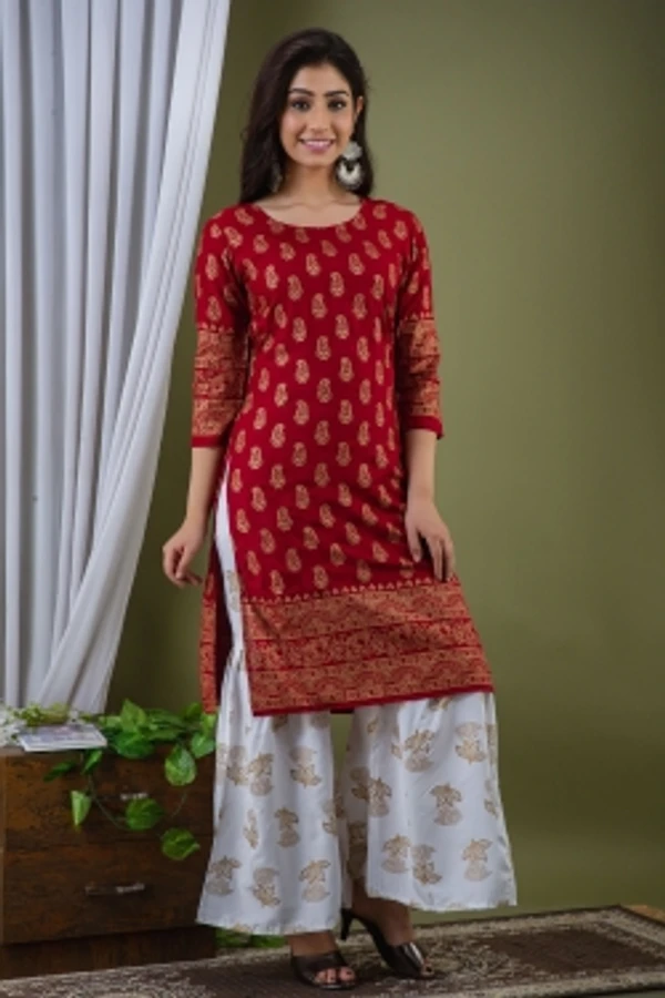 Surhi Women Kurta and Sharara SetViscose Rayon Fabric3/4 SleevePaisley PatternColor: Red - L