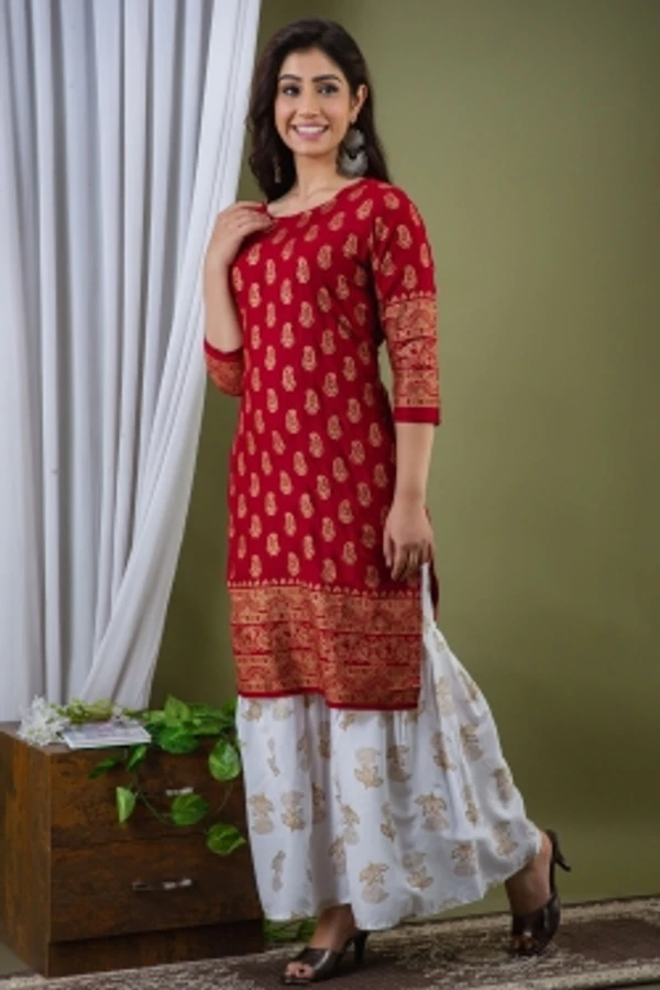 Surhi Women Kurta and Sharara SetViscose Rayon Fabric3/4 SleevePaisley PatternColor: Red - XL