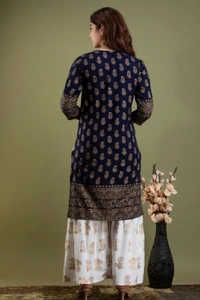 Surhi Women Kurta and Sharara SetViscose Rayon Fabric3/4 SleevePaisley PatternColor: Dark Blue, GoldFor Women10 Days Return Policy, No questions asked. - XXl