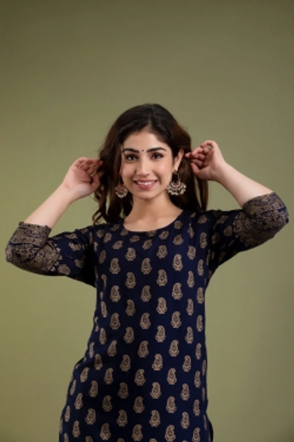 Surhi Women Kurta and Sharara SetViscose Rayon Fabric3/4 SleevePaisley PatternColor: Dark Blue, GoldFor Women10 Days Return Policy, No questions asked. - XXl