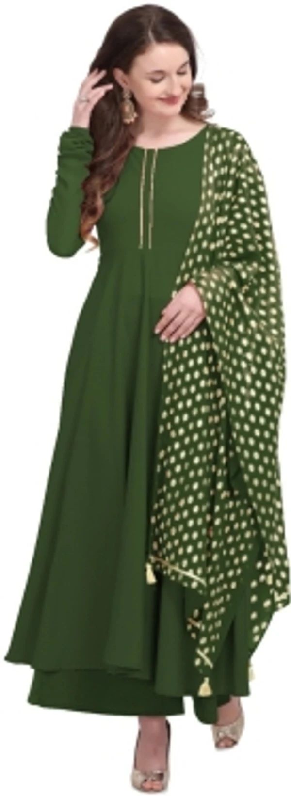 THE FAB FACTORY Women Kurta and Dupatta SetGeorgette, Crepe FabricFull SleeveSolid PatternColor: Green, GoldFor Women10 Days Return Policy, No questions asked. - S