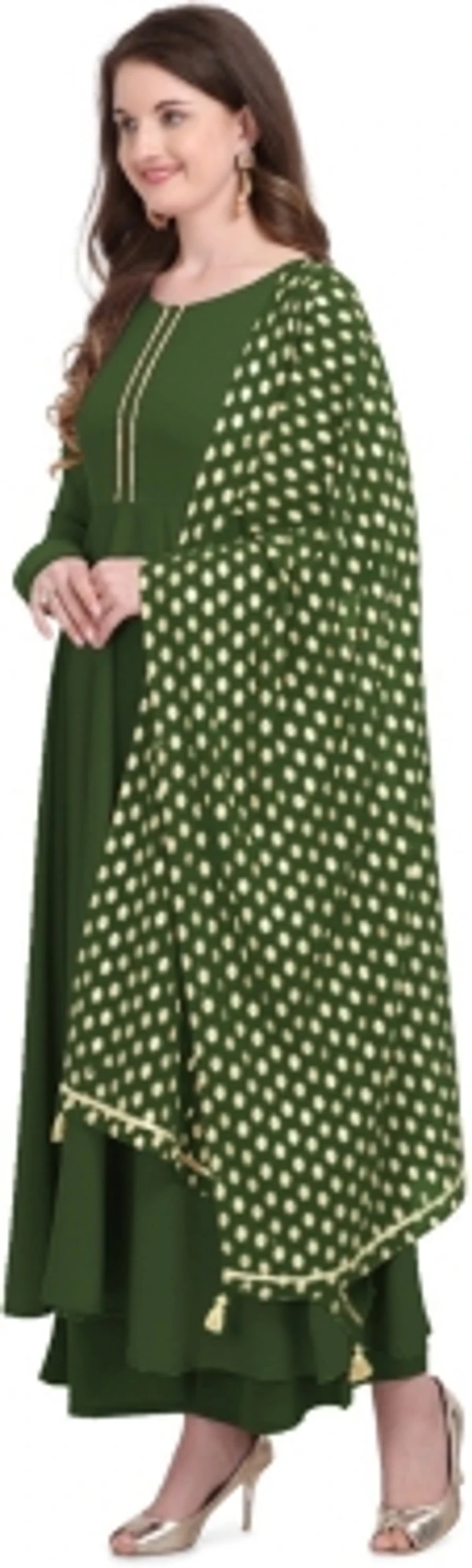 THE FAB FACTORY Women Kurta and Dupatta SetGeorgette, Crepe FabricFull SleeveSolid PatternColor: Green, GoldFor Women10 Days Return Policy, No questions asked. - M