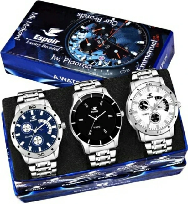 Combo ES109 COMBO OF THREE WATCHES Analog Watch  - For MenWater Resistant :YesDisplay Type :AnalogStyle Code :Chronograph PatternSeries :COMBO OF THREE WATCHESOccasion :Casual, Formal, Party-WeddingWatch Type :Wrist Watch, Metallic, Sports WatchPack of :33 Days Return Policy, No questions asked.