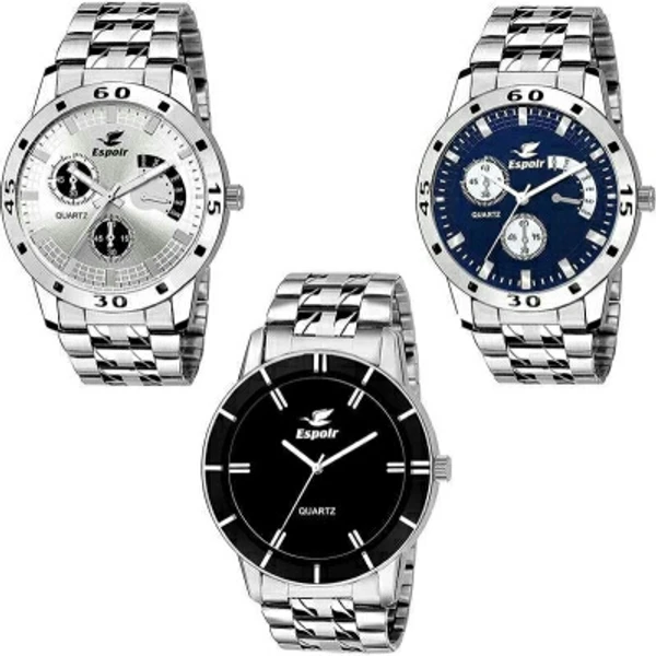 Combo ES109 COMBO OF THREE WATCHES Analog Watch  - For MenWater Resistant :YesDisplay Type :AnalogStyle Code :Chronograph PatternSeries :COMBO OF THREE WATCHESOccasion :Casual, Formal, Party-WeddingWatch Type :Wrist Watch, Metallic, Sports WatchPack of :33 Days Return Policy, No questions asked.