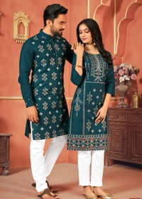 Cute Couple  Matching Kurta Kurti Set With Pazama - Boys Pyjama M45, Girls Top Pant M38