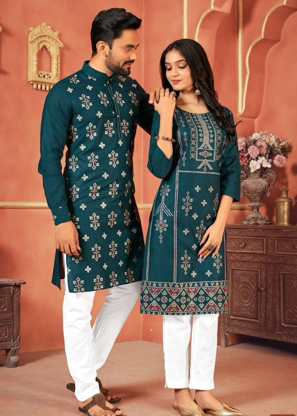 Cute Couple  Matching Kurta Kurti Set With Pazama - Boys Pyjama M45, Girls Top Pant M38