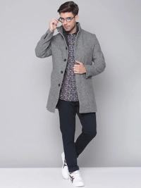 Men Grey Solid Overcoat - 50% Wool and 50% PolyesterDry-clean, S /M/L/XL/XXL