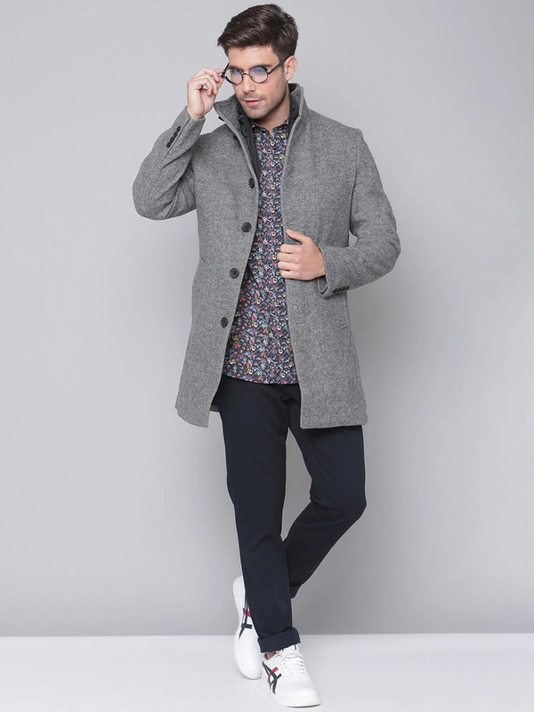 Men Grey Solid Overcoat - 50% Wool and 50% PolyesterDry-clean, S /M/L/XL/XXL