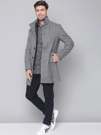 Men Grey Solid Overcoat - 50% Wool and 50% PolyesterDry-clean, S /M/L/XL/XXL